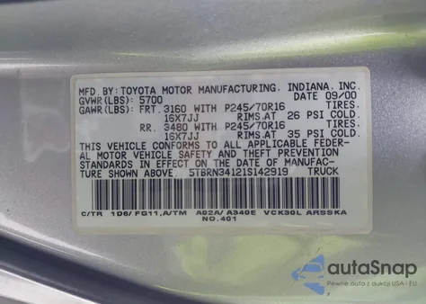2001 Toyota Tundra Sr5 z USA, uszkodzony, nr VIN 5TBRN34121S142919